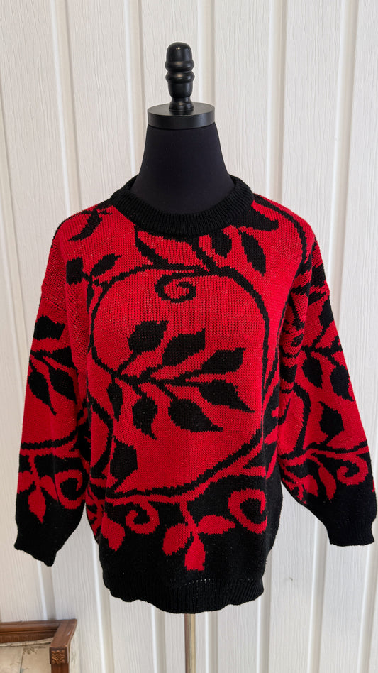 Chandail tricot rouge scintillant feuilles- medium