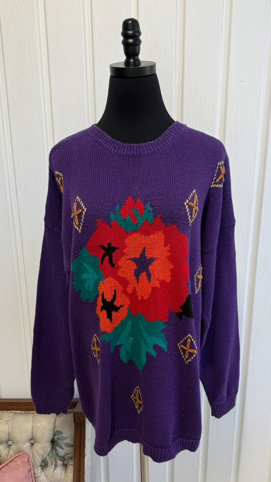 Chandail tricot mauve fleuris - x-large
