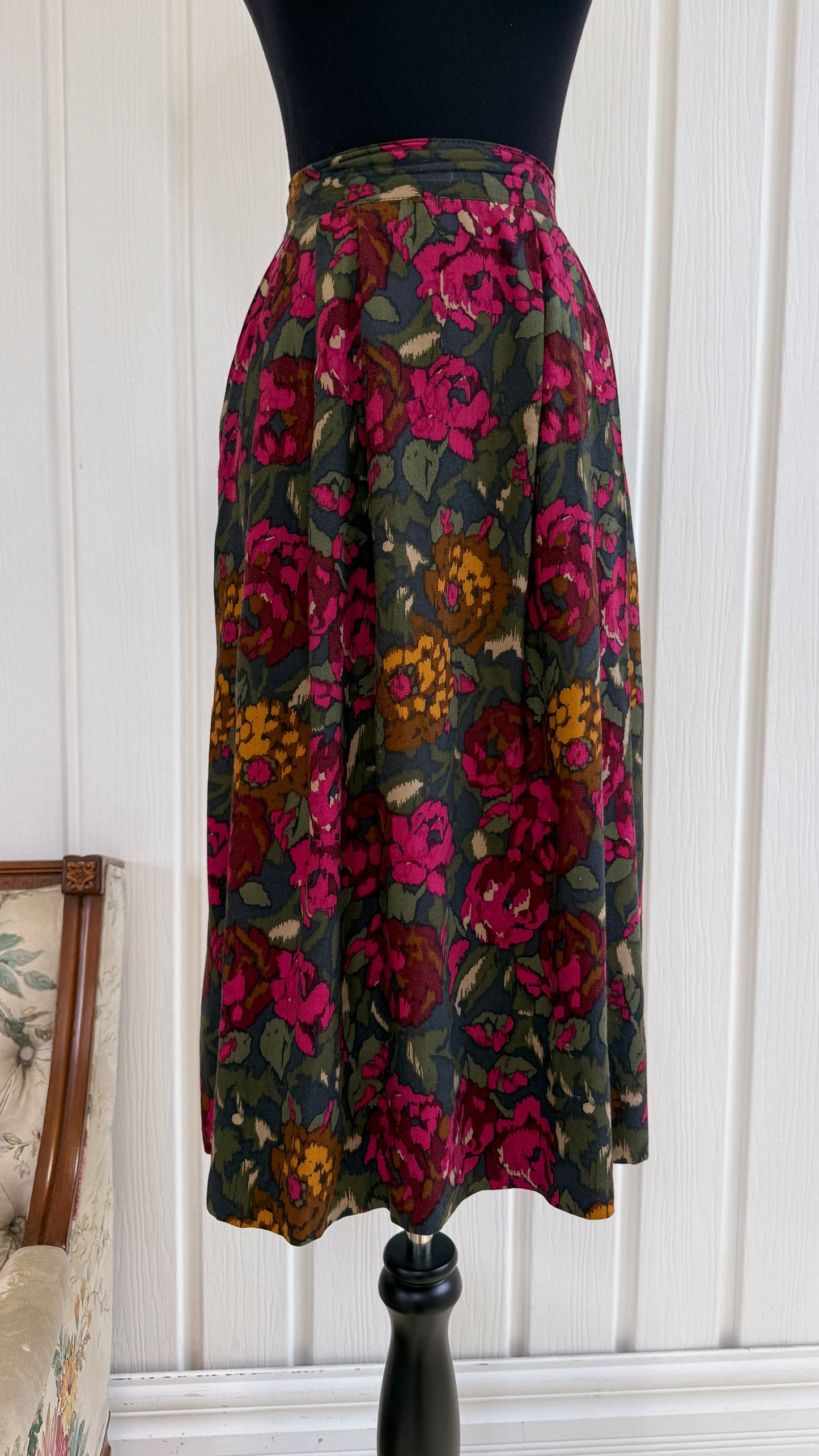 Jupe verte fleurie rose et jaune- large