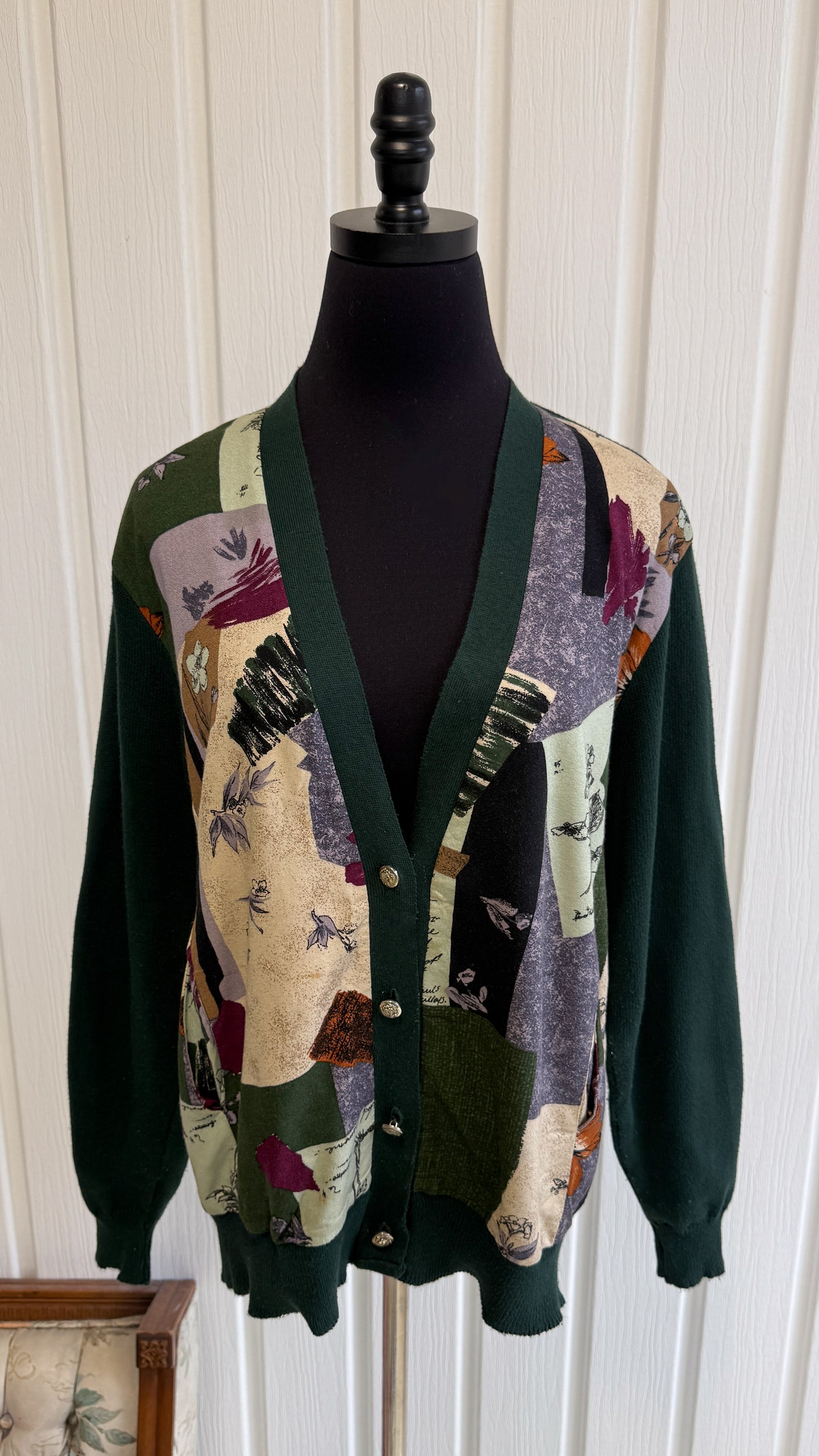 Cardigan tricot vert à motifs- large