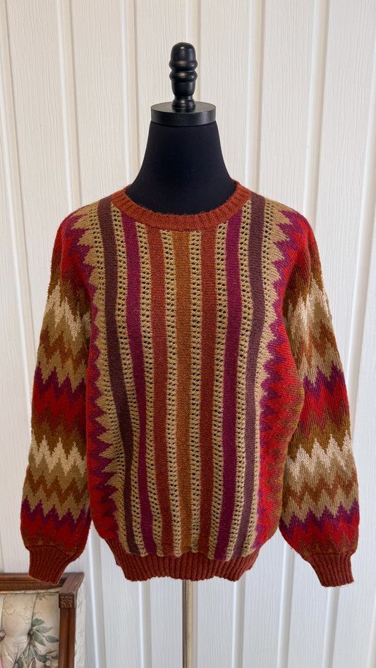 Chandail tricot beige rayé rose et orange- small