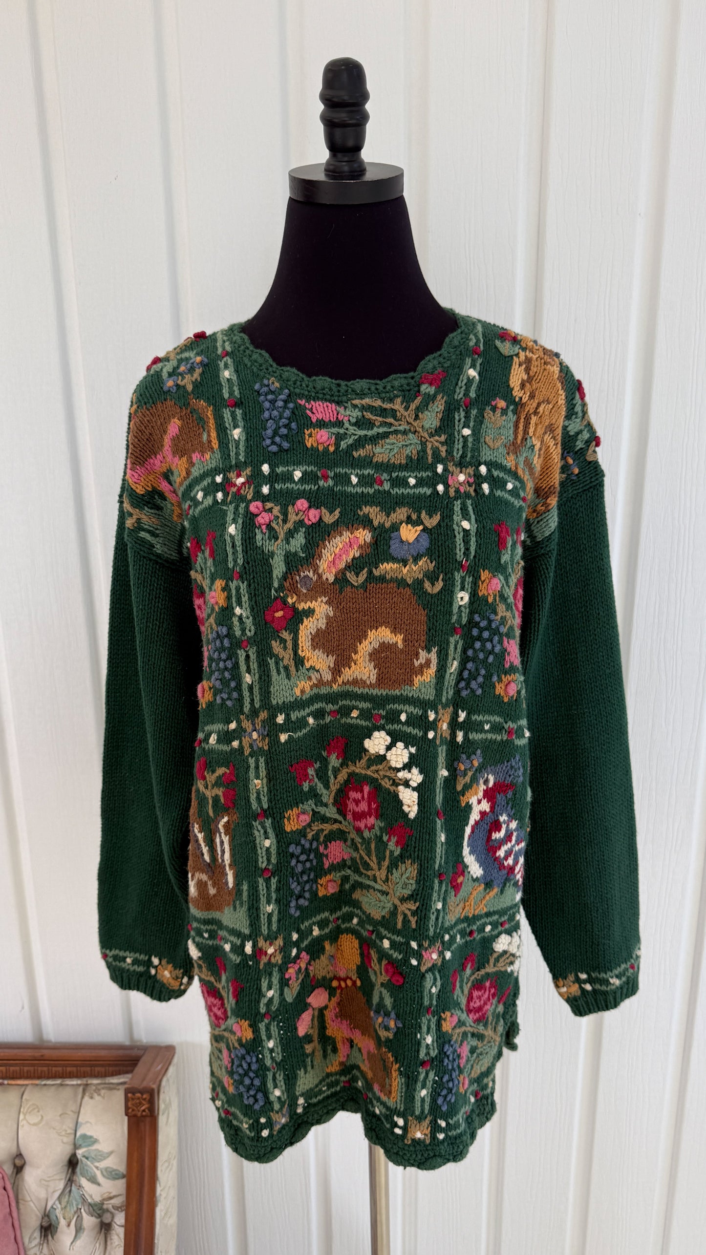 Chandail tricot vert animaux et fleurs- medium