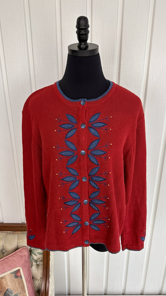 Cardigan rouge broderie feuilles- medium