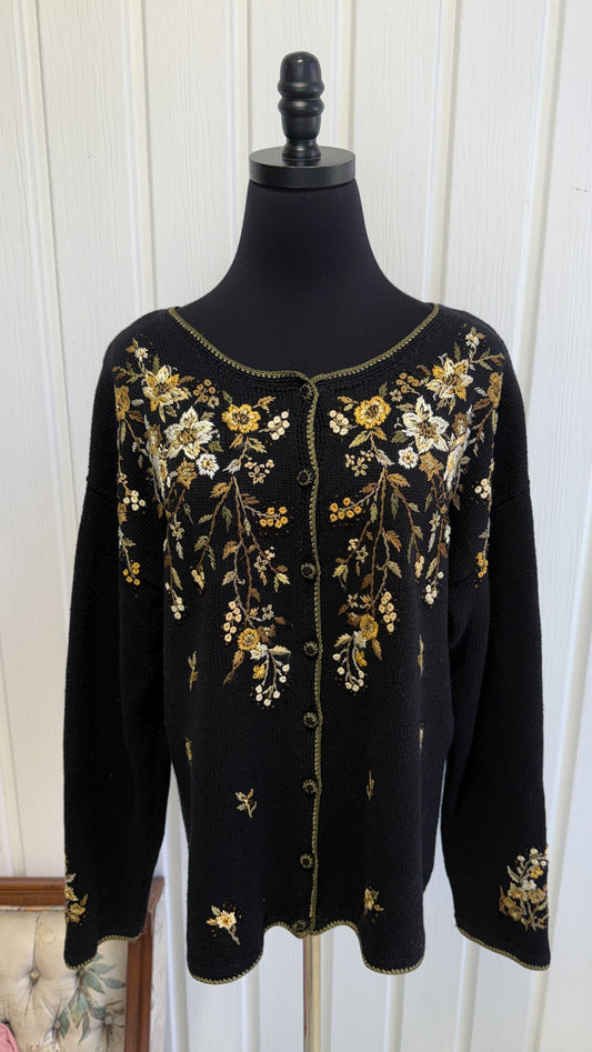 Cardigan tricot noir broderies fleuries- medium