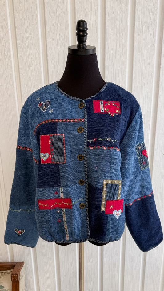 Cardigan bleu motifs fleurs et coeurs- large