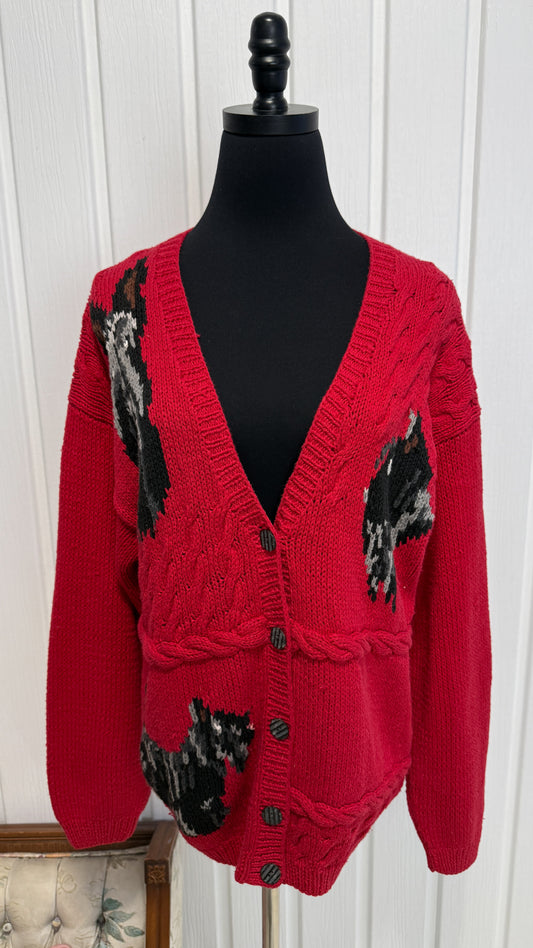 Cardigan tricot rouge chiens- large