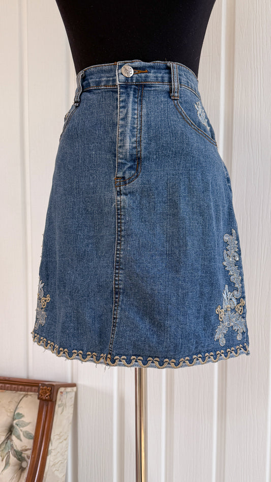 Jupe en jeans droite brodée- small
