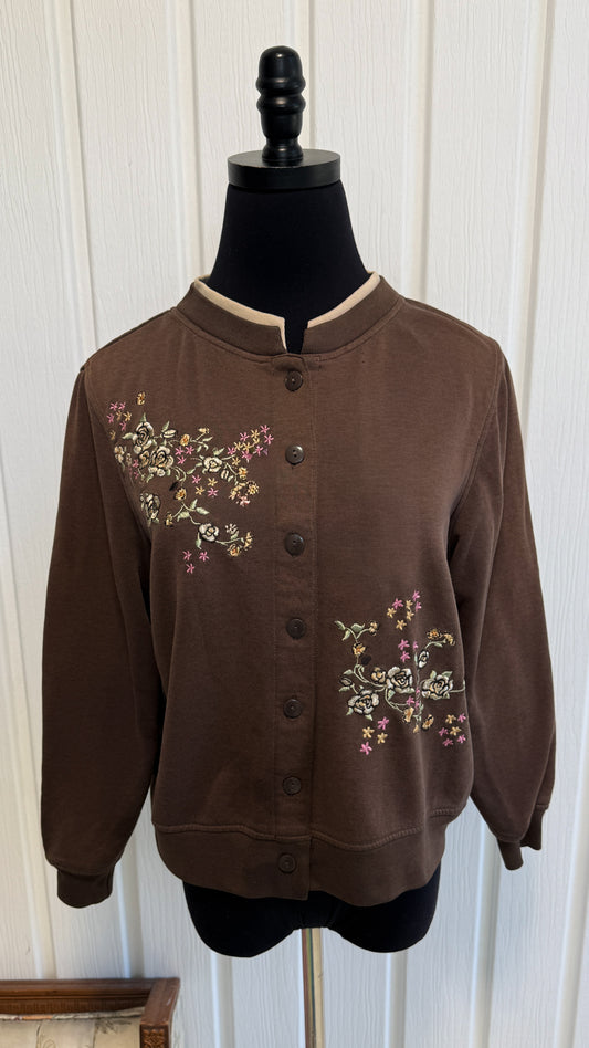 Cardigan coton brun fleuris- small
