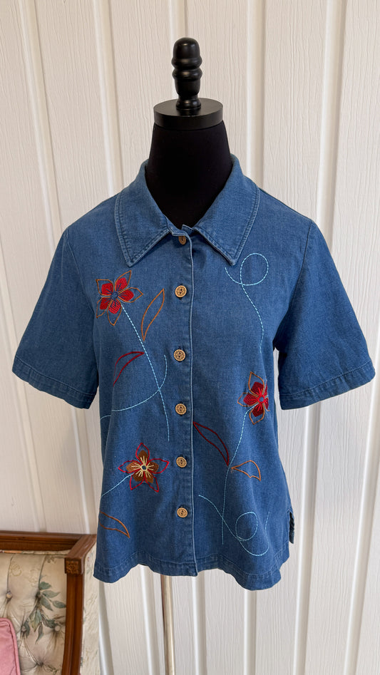 Chemisier en denim brodé fleuris- medium