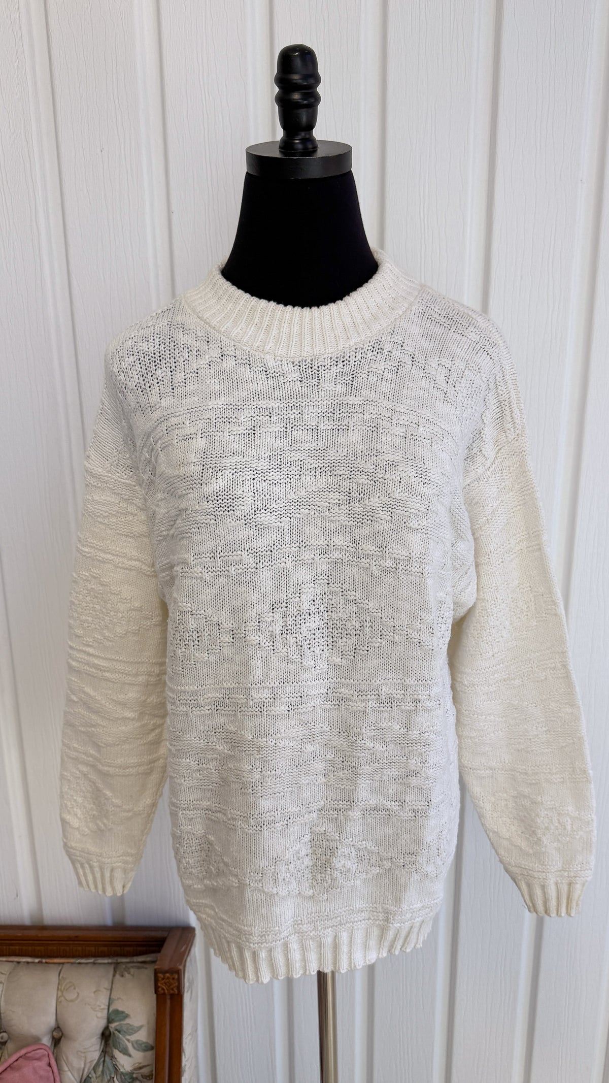 Chandail tricot blanc rayures à motifs- small