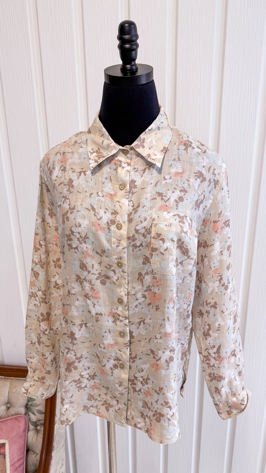 Chemisier beige en lin fleuris- large