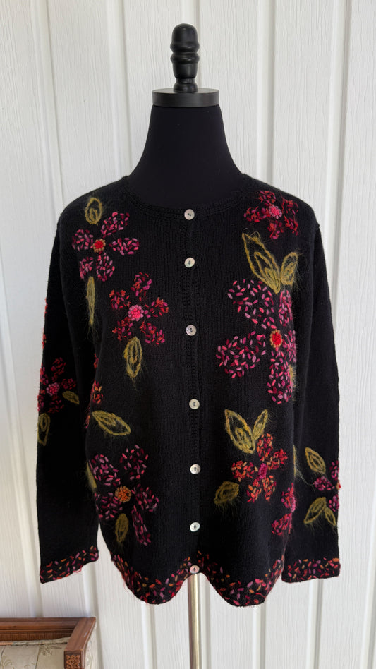Cardigan tricot noir fleuris- medium