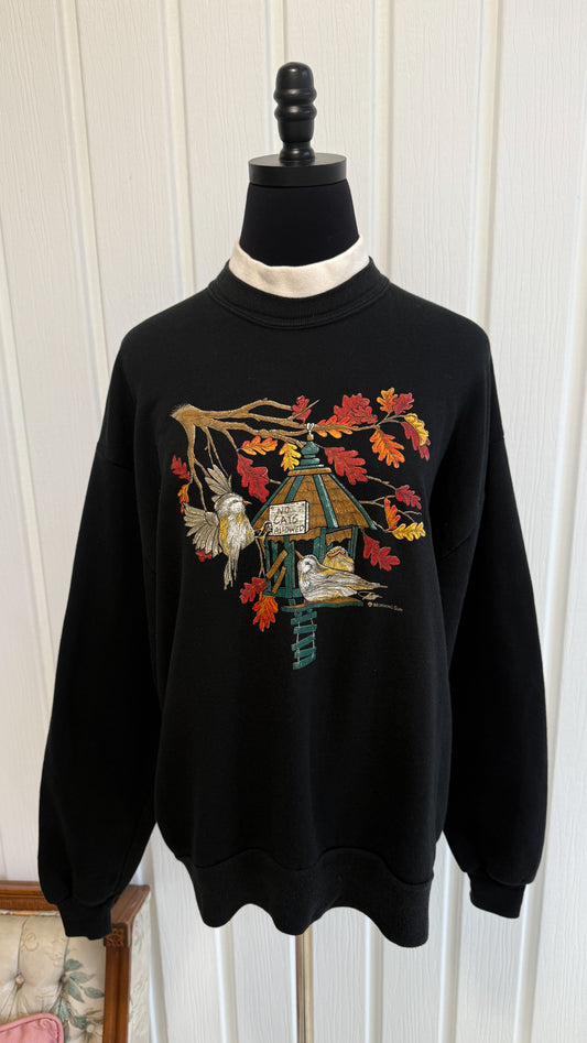 Chandail crewneck noir cabane oiseaux - medium