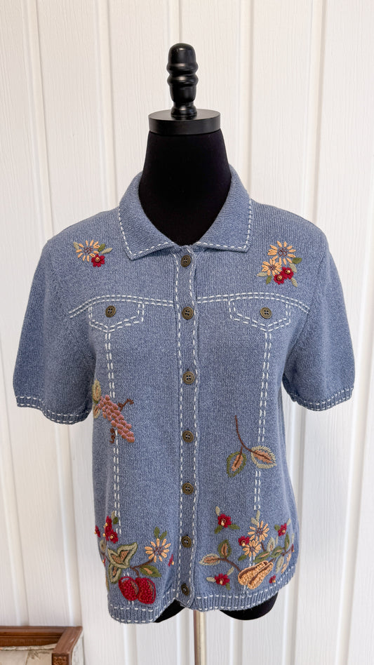 Cardigan tricot bleu fleuris- medium