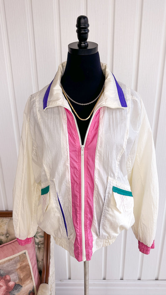 Manteau coupe-vent blanc,rose,turquoise et mauve- medium