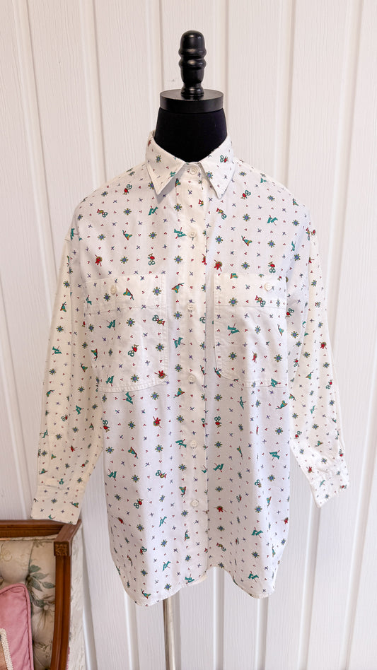 Chemisier blanc à motifs rouge et turquoise- small