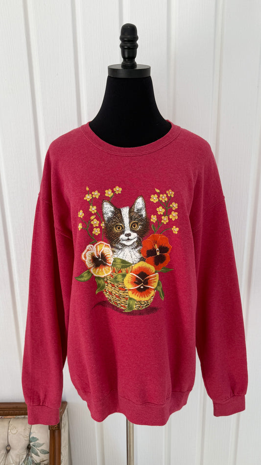 Chandail crewneck chat fleuris- large