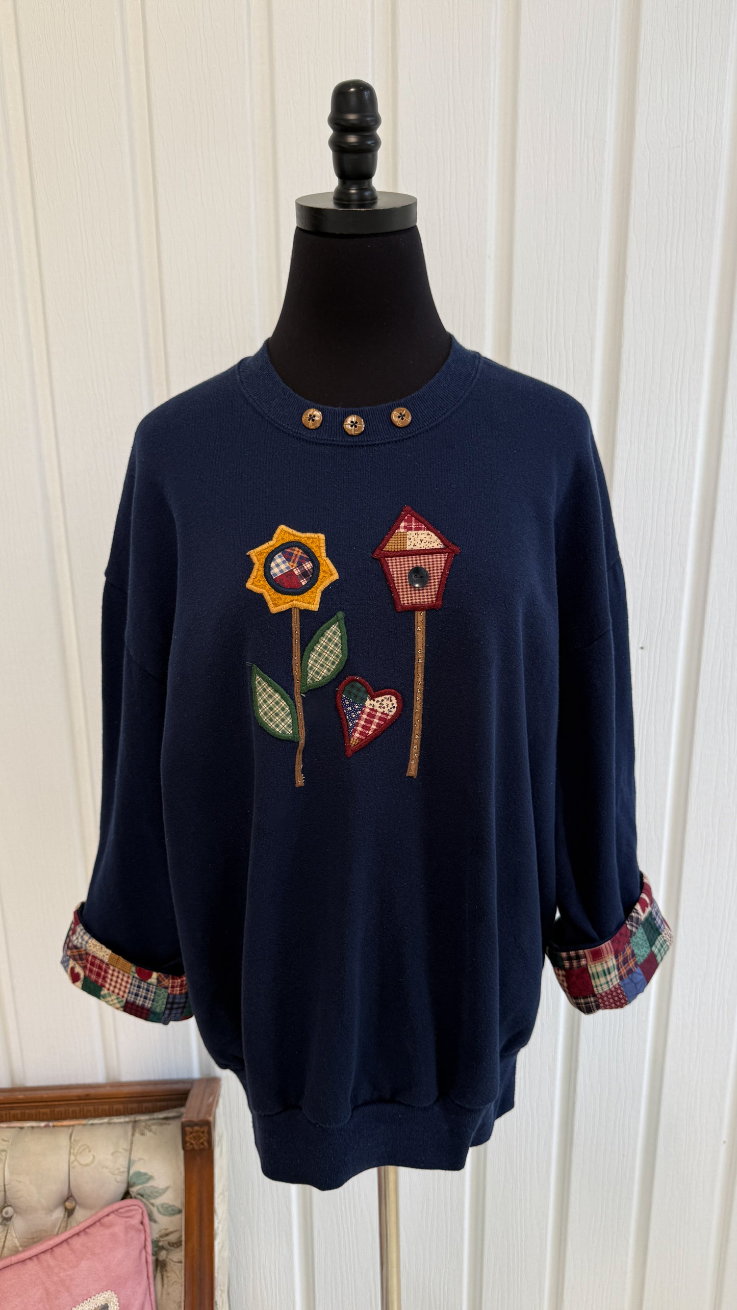 Chandail crewneck marine fleurs et cabanes - large