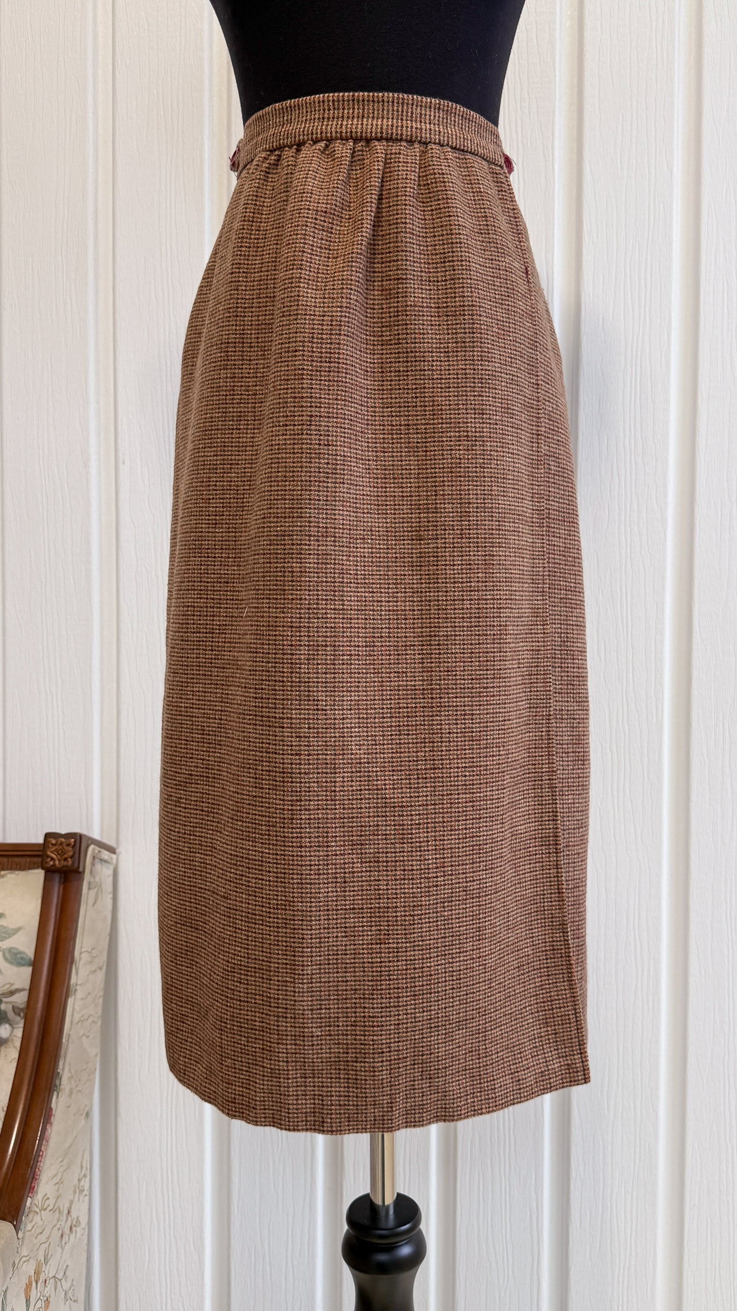 Wide beige plaid wool wrap skirt