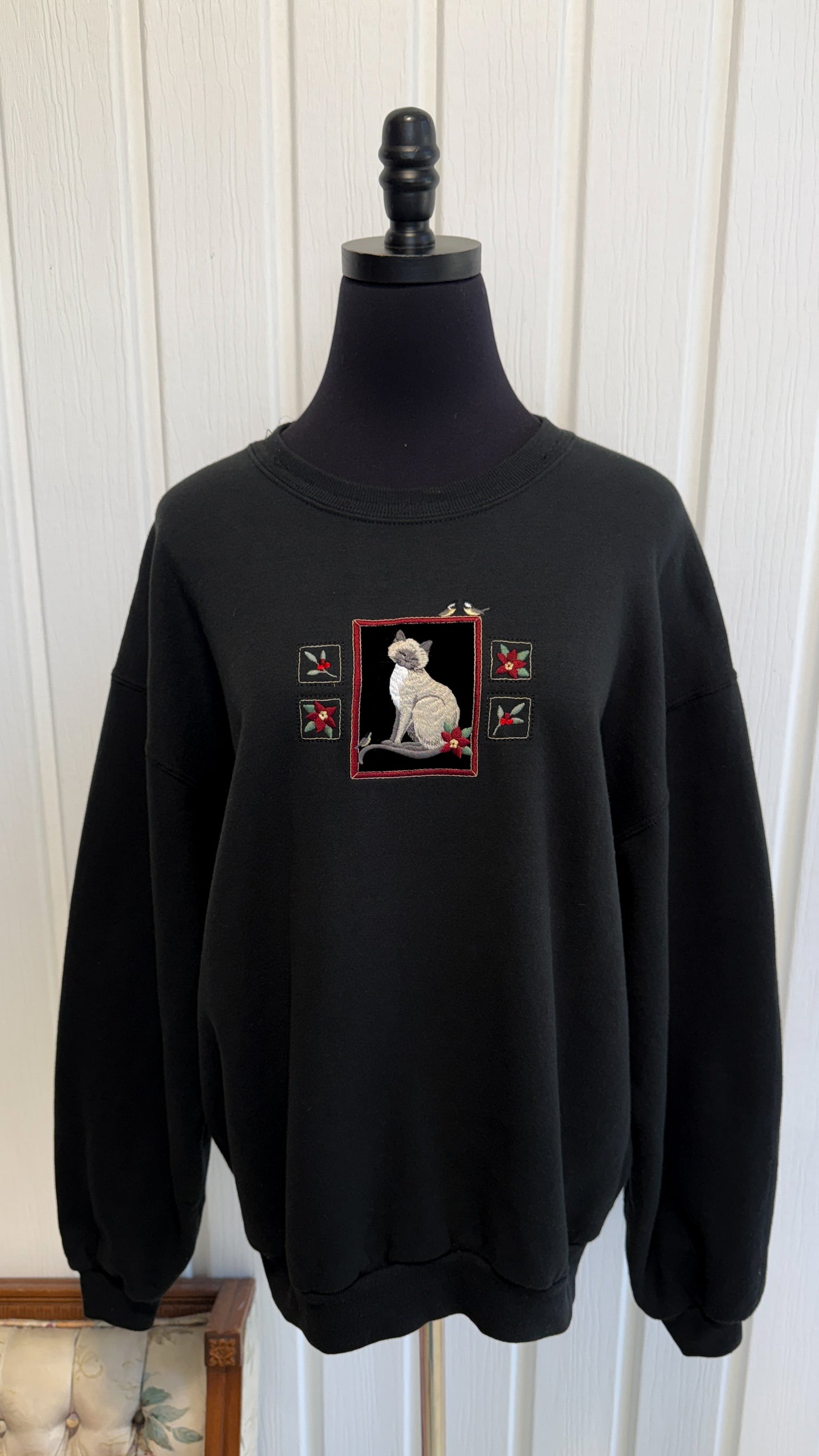 Chandail crewneck noir chat- large