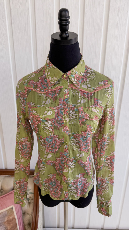 Chemisier vert fleuris rose -small