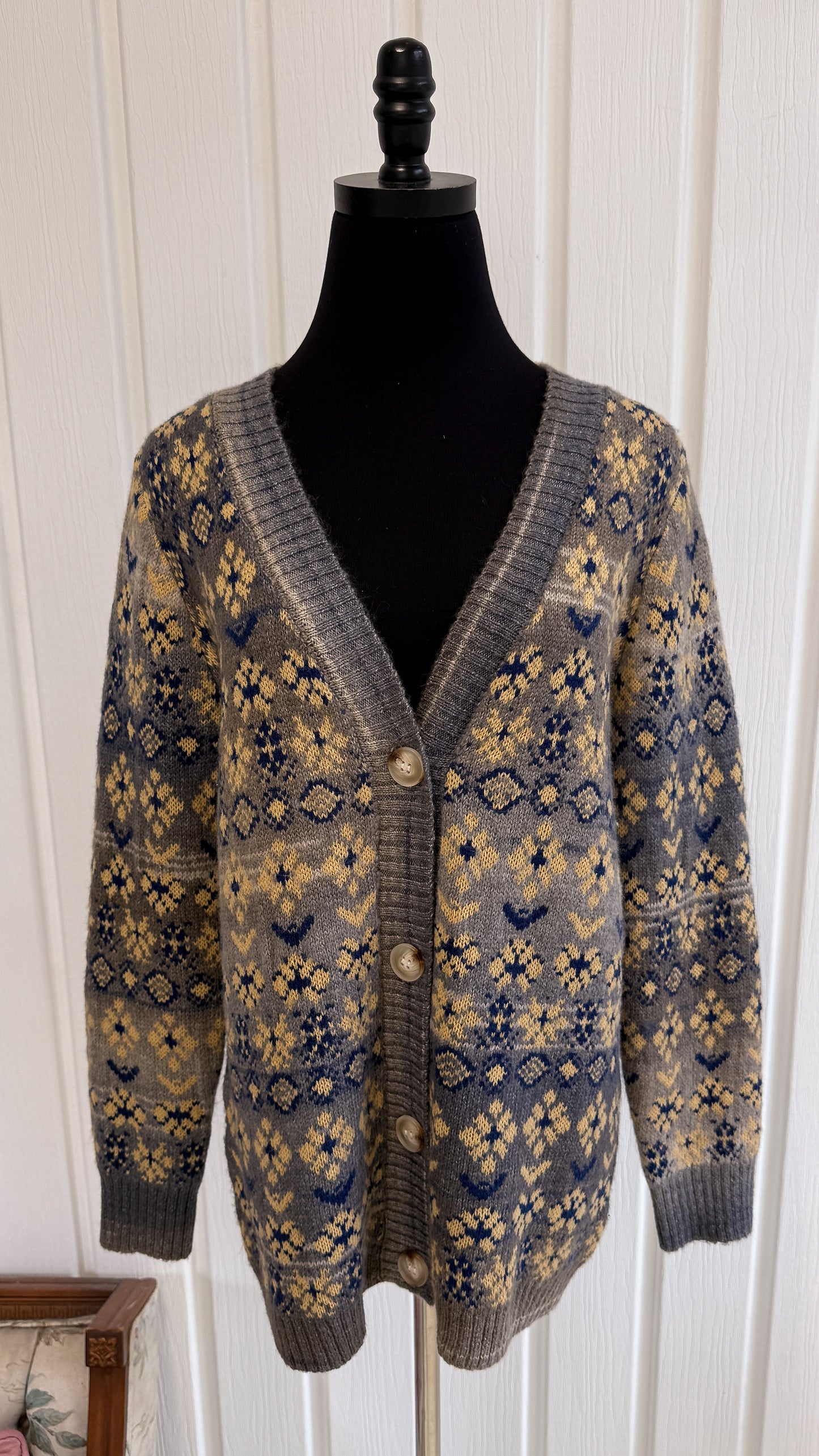 Cardigan tricot gris fleuris jaune- medium