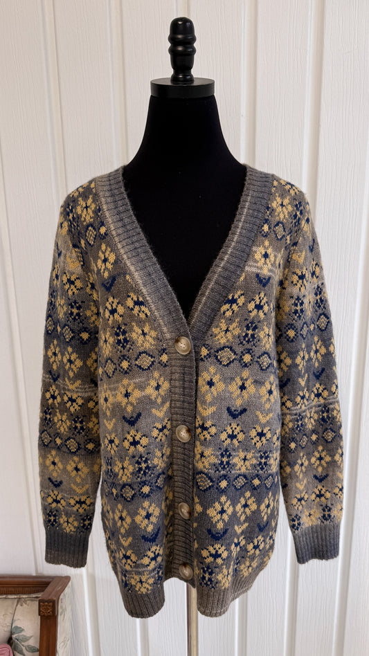 Cardigan tricot gris fleuris jaune- medium