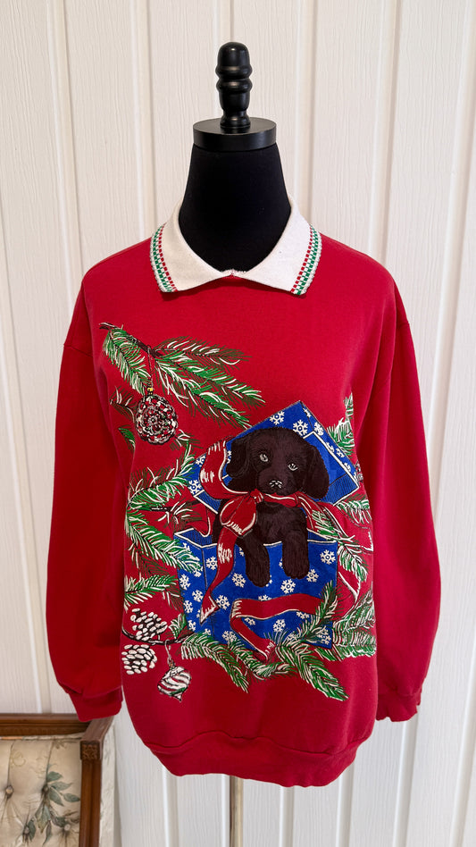 Red puppy crewneck sweater - medium