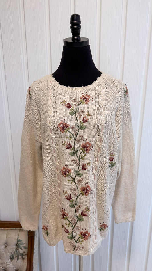 Chandail tricot beige fleuris- medium