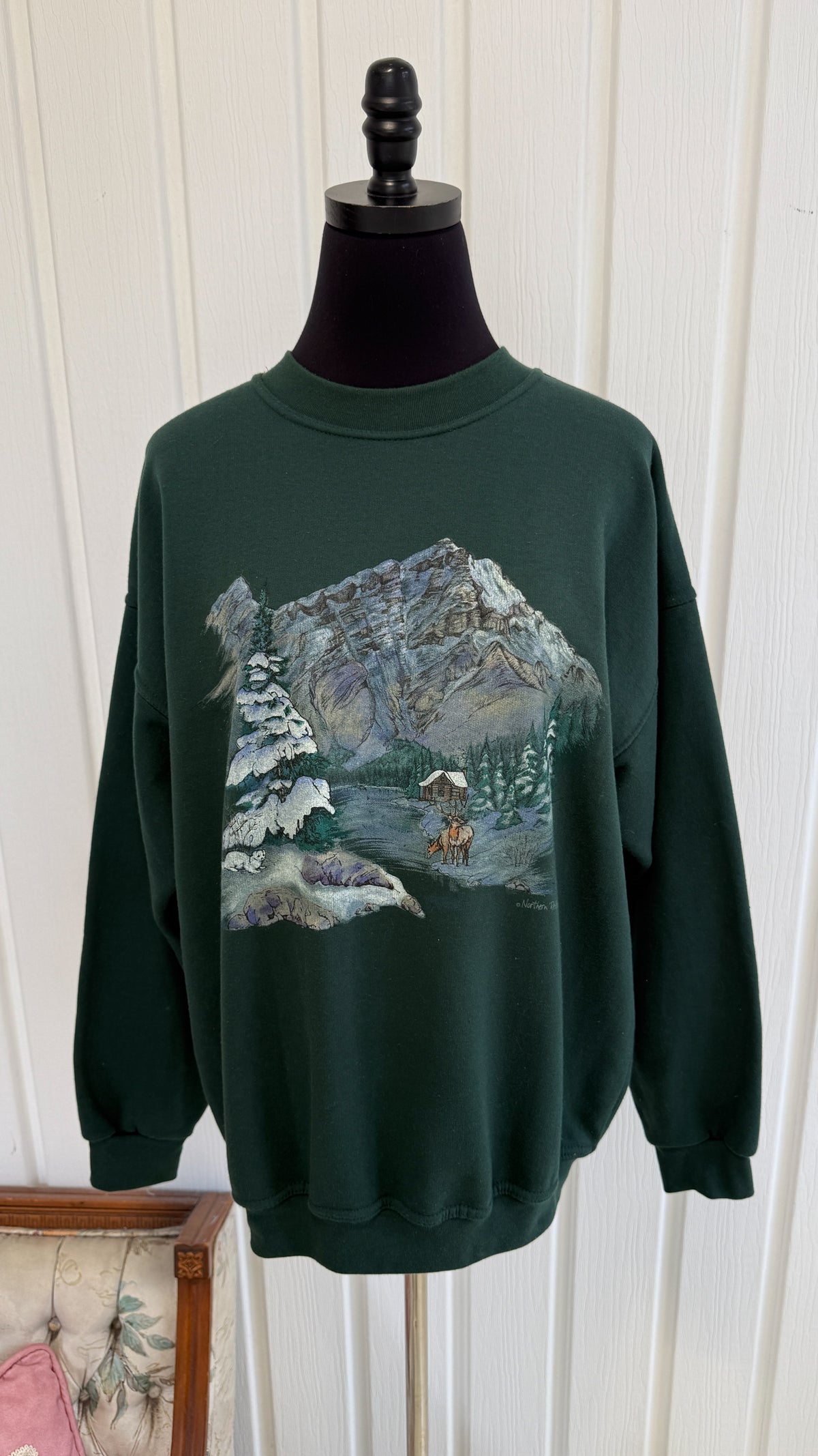 Chandail crewneck vert montagnes- medium