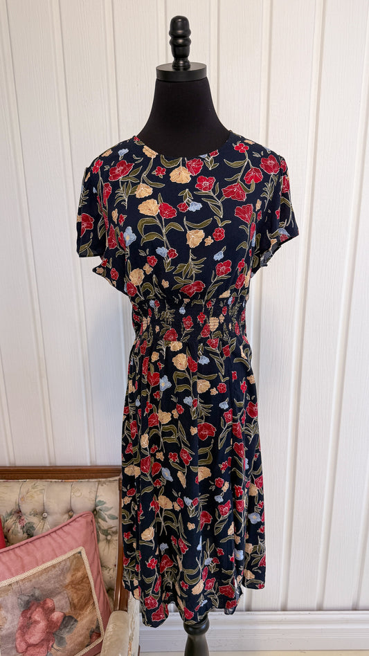 Robe marine fleurie rouge et beige- large