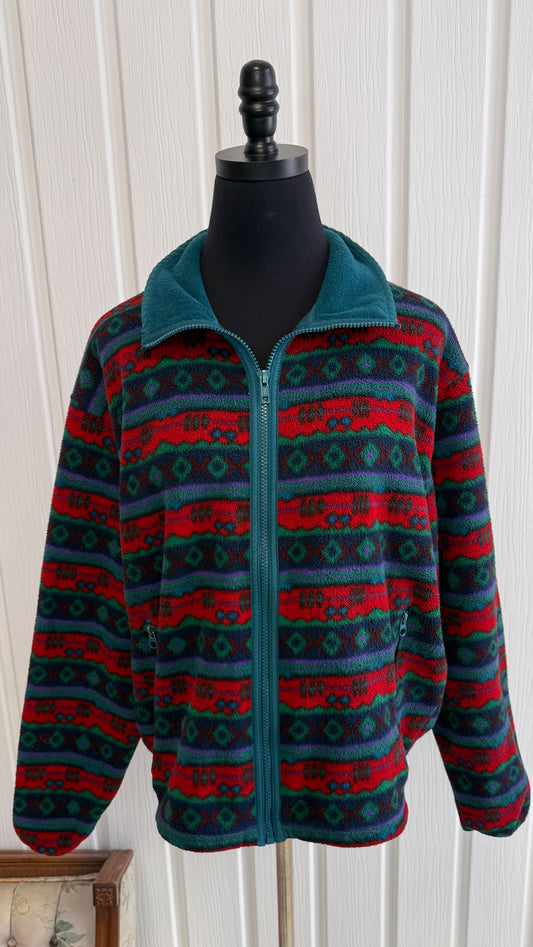 Veste en polar rayé rouge et turquoise- medium