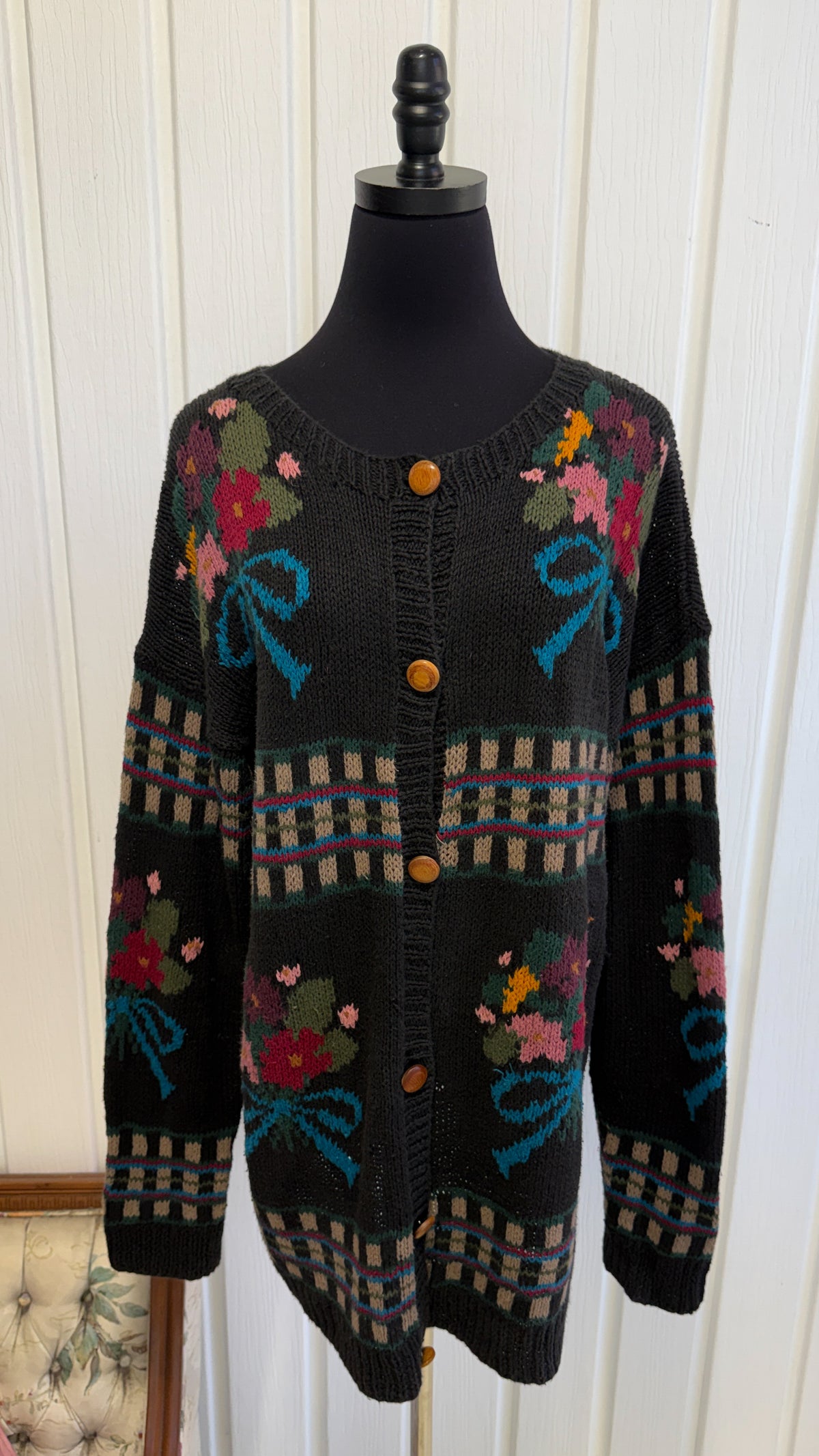 Cardigant tricot noir fleuris- large