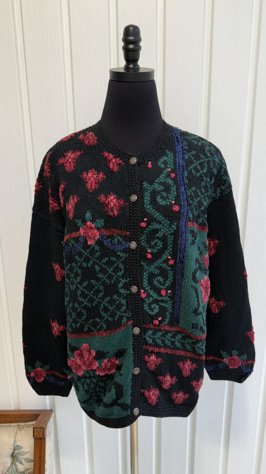 Cardigan tricot noir fleuris- medium