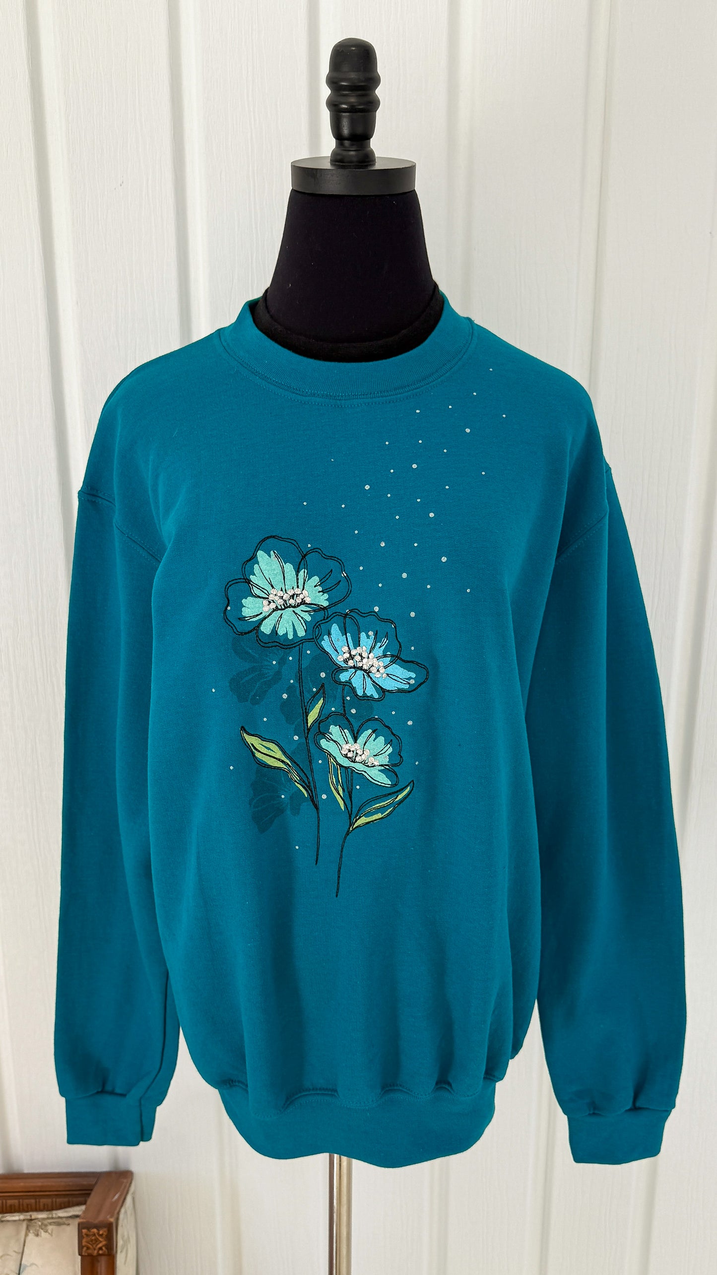 Chandail crewneck turquoise fleuris- large