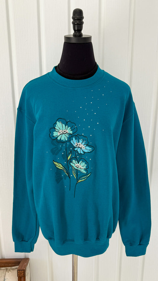 Chandail crewneck turquoise fleuris- large