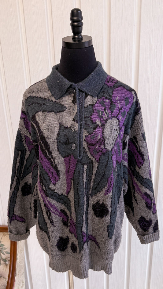 Chandail tricot gris fleurie mauve- medium