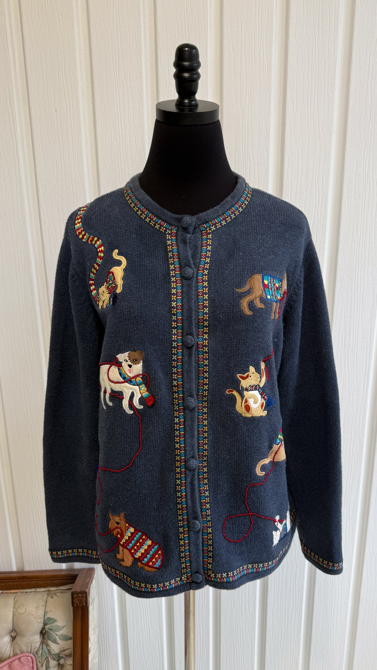 Cardigan tricot bleu chiens- large