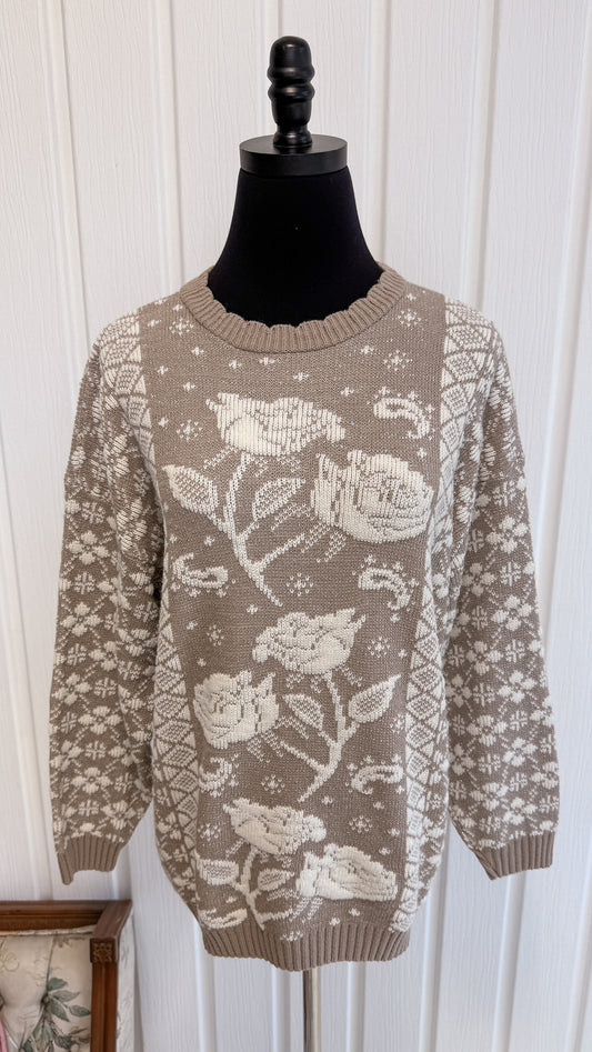 Chandail en tricot beige fleuris- medium