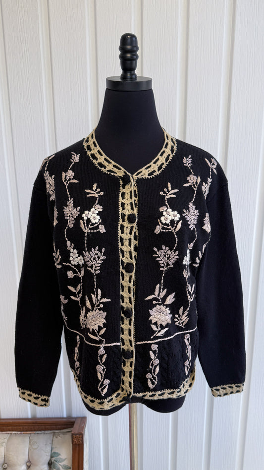 Cardigan tricot noir et beige broderies fleuris - medium