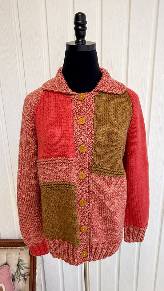 Cardigan tricot rose et beige- large