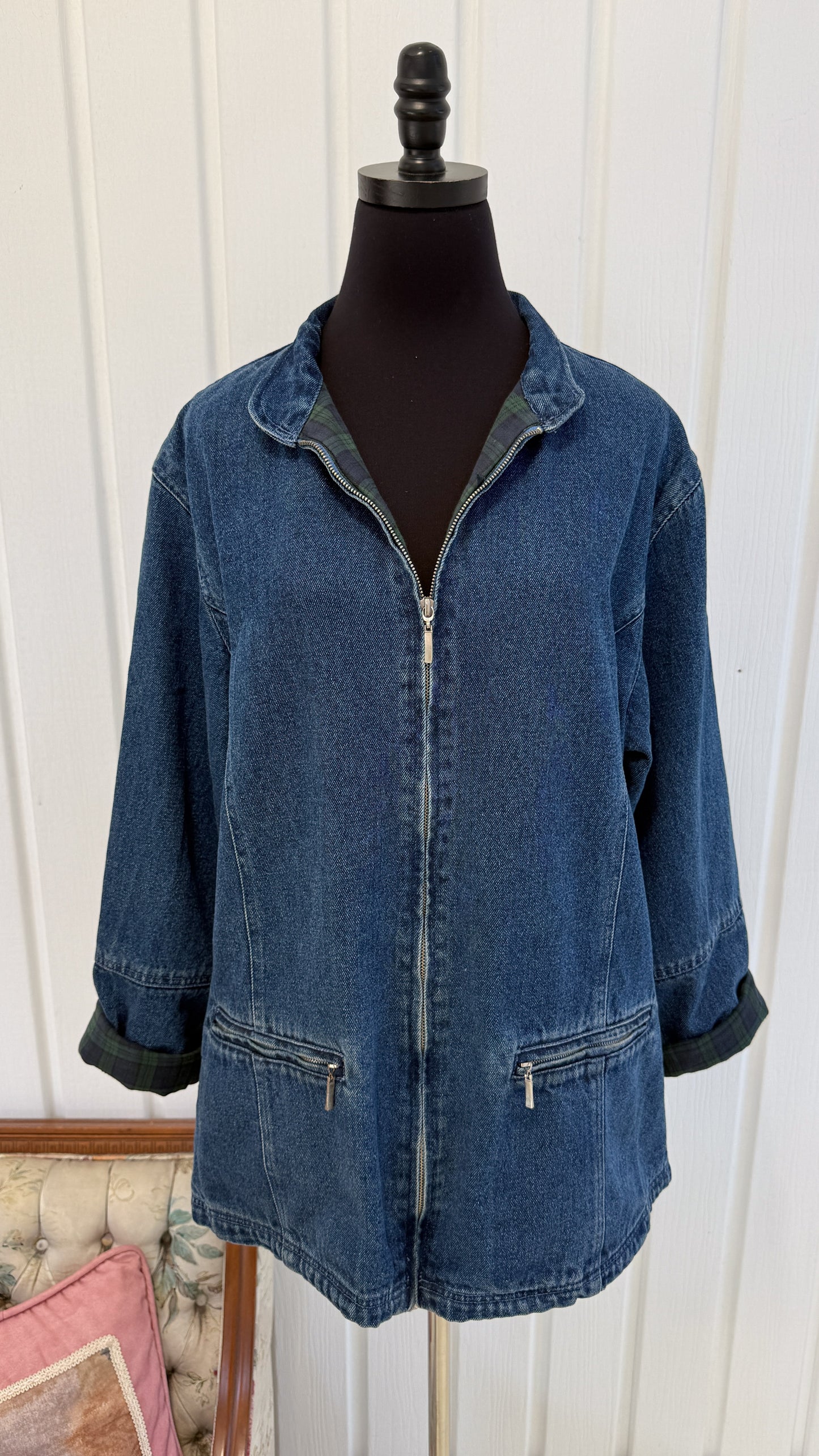 Veste en jeans motifs carreauté- large