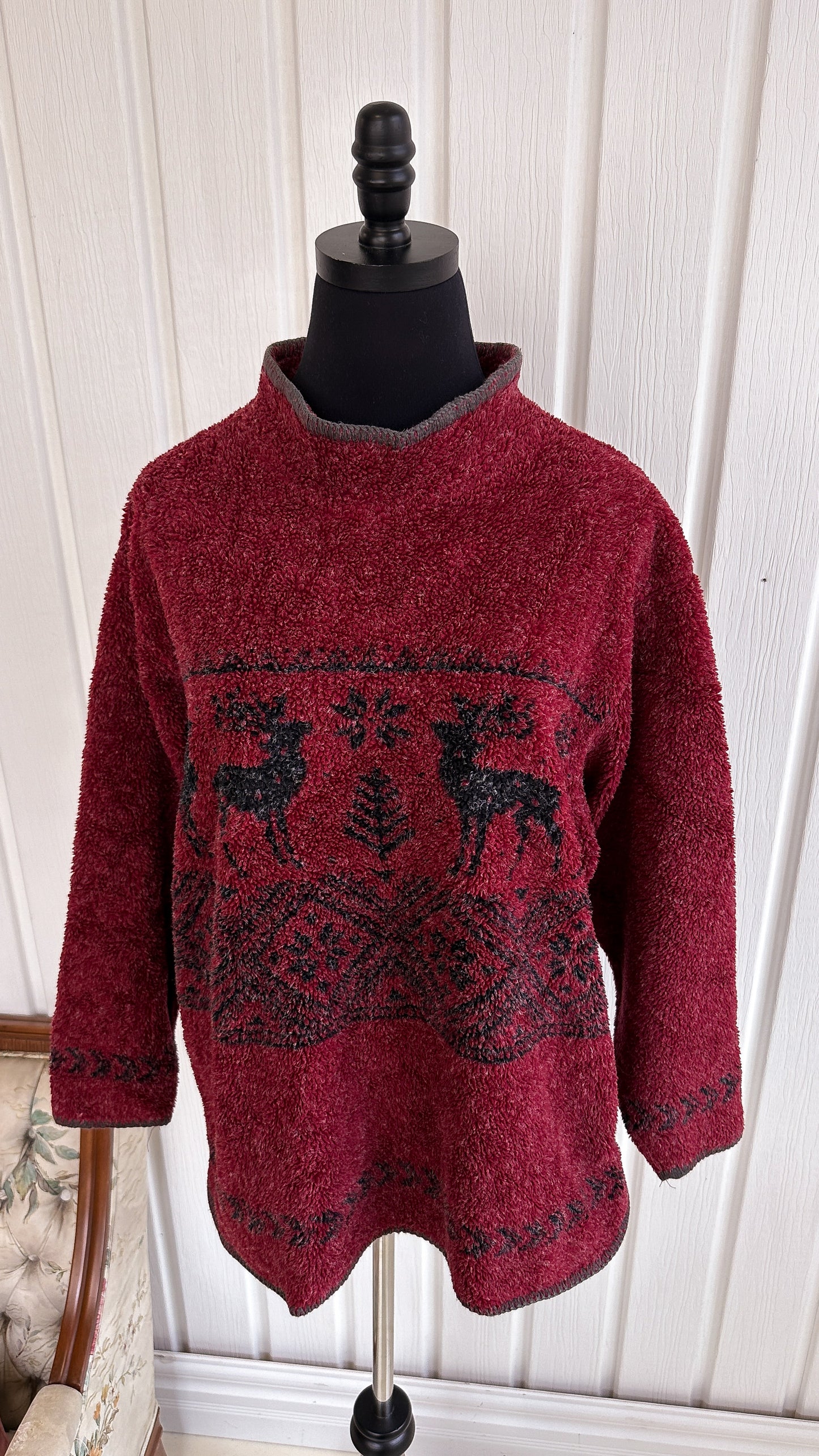 Red fleece sweater with deer patterns - large