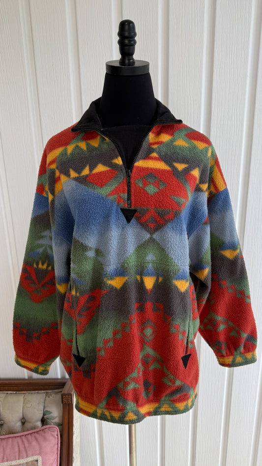 Chandail en polar à motifs orange,bleu et vert- medium