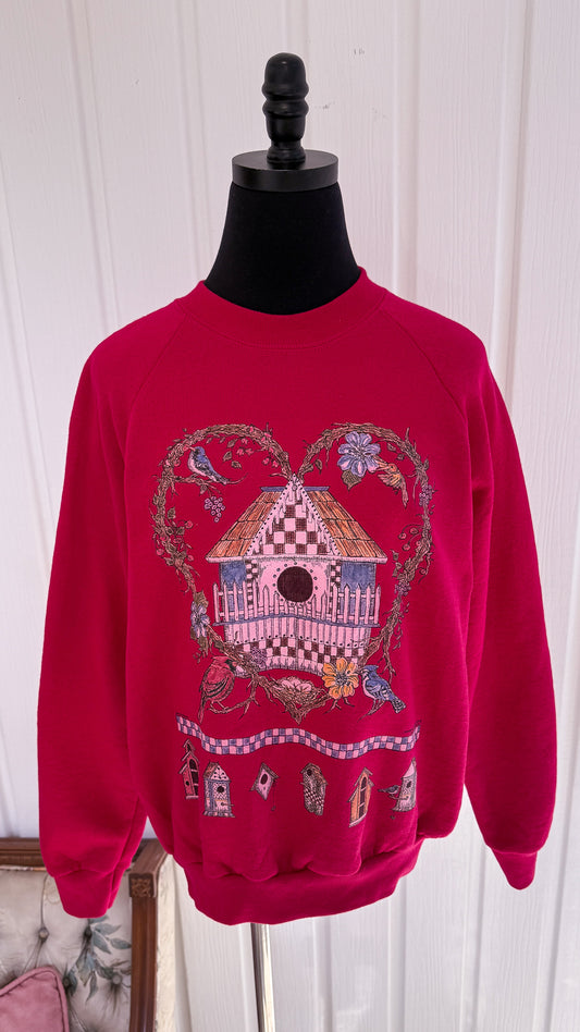 Chandail crewneck rose cabanes oiseaux- small