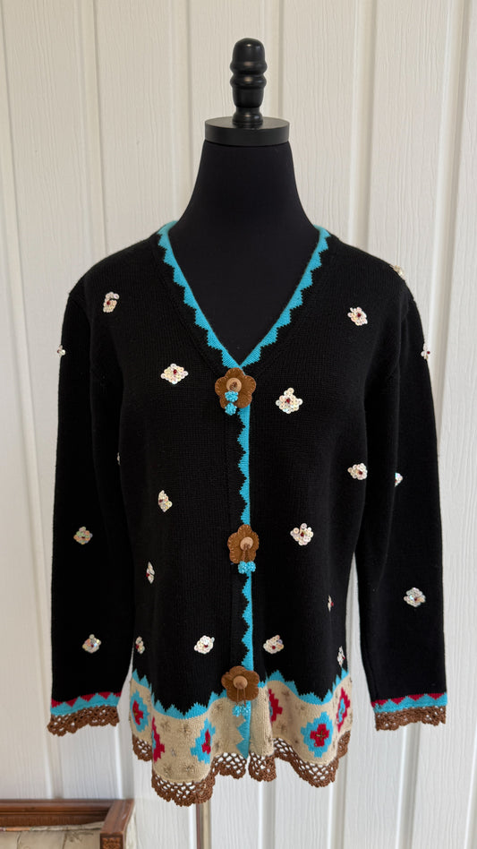 Cardigan tricot noir fleuris- small