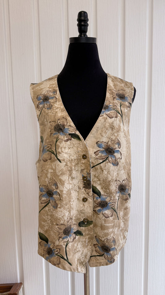 Gilet beige fleuris bleu- large