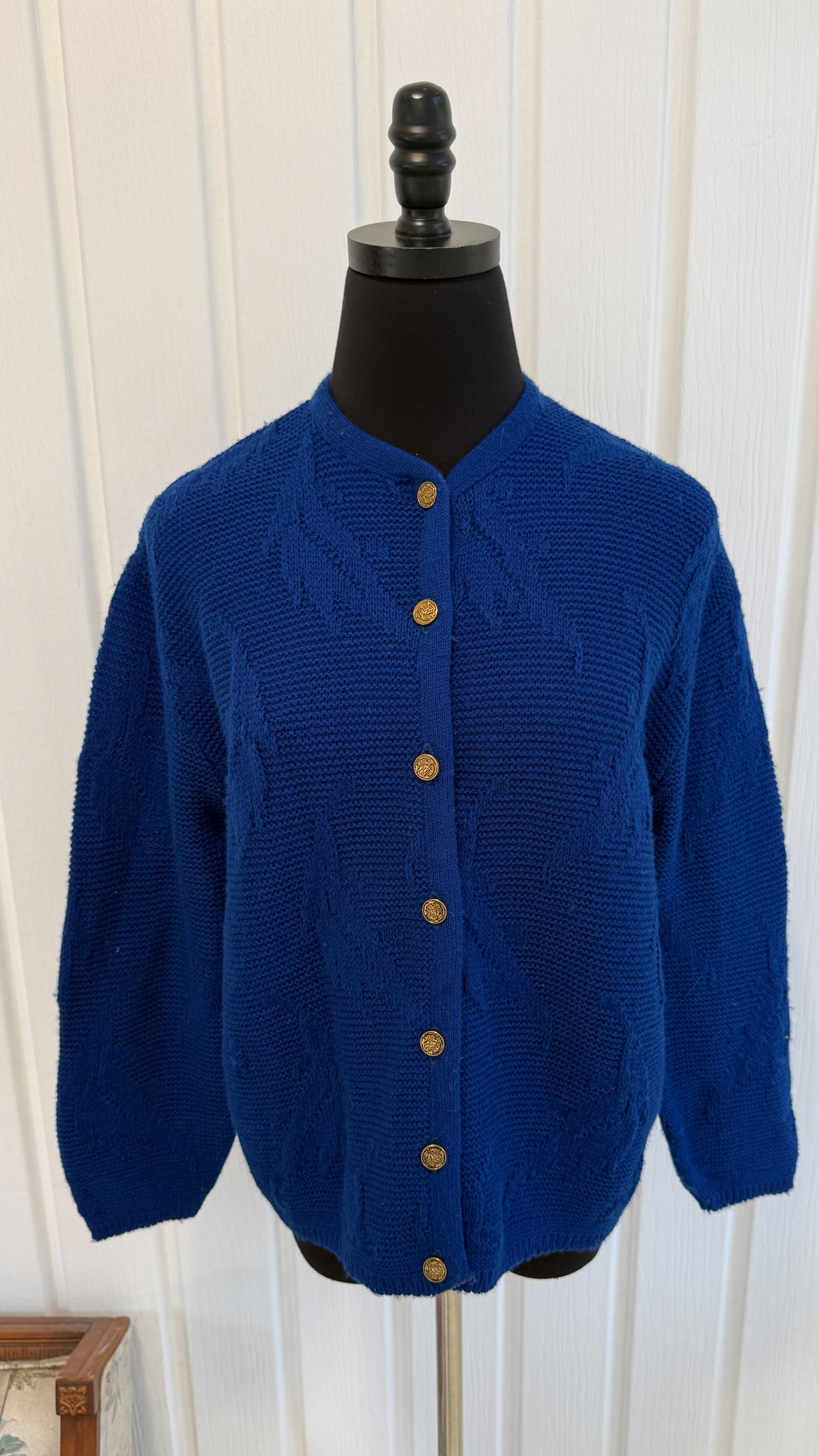 Cardigan tricot bleu motifs feuilles- large