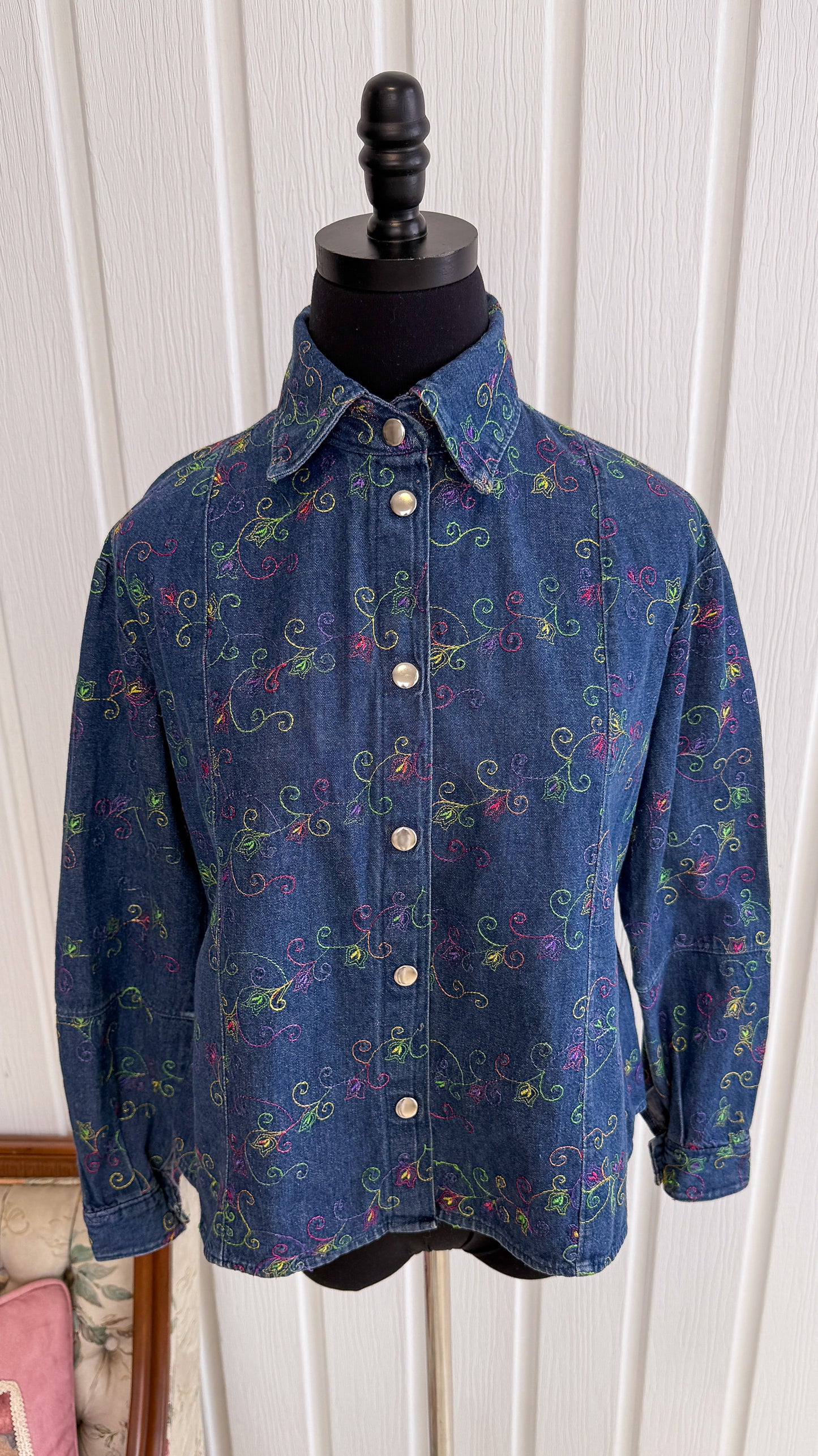 Multicolored floral embroidered denim blouse - medium