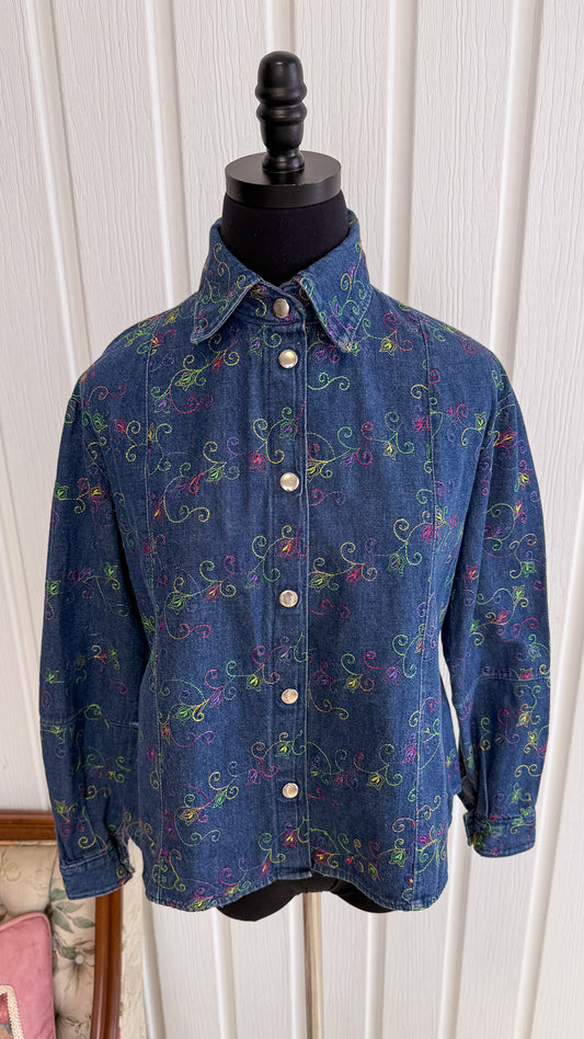 Chemisier en denim brodée fleuris multicolore- medium